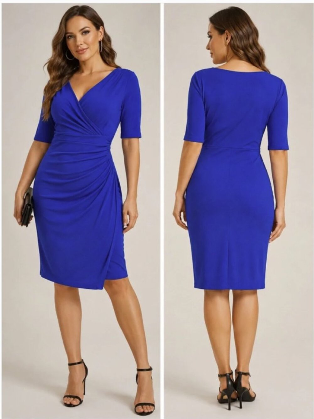 Lauren Ralph Lauren Dress Royal Blue Knee Length Rouched V-neck - Size 8